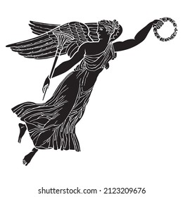 Ancient greek winged goddess silhouette illustration. Vector isolated Antique angel. Black and white line drawing