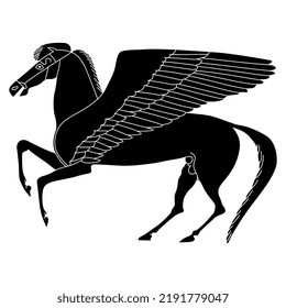 Ancient Greek winged horse Pegasus. Black and white negative silhouette.