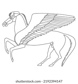 Ancient Greek winged horse Pegasus. Black and white linear silhouette.