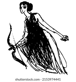 Ancient Greek Woman With A Bow. Goddess Artemis Or Diana. Young Huntress Or Amazon. Hand Drawn Linear Doodle Rough Sketch. Black Silhouette On White Background.