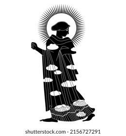 Ancient Greek woman as cloudy day with shining sun as her nimbus. Creative concept. Solar goddess. Black and white silhouette.