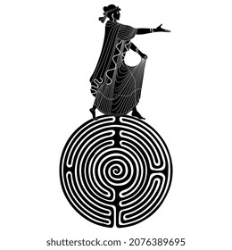 Ancient Greek woman dancing or standing on top of a round spiral maze or labyrinth symbol. Creative concept for antique culture. Black and white silhouette.