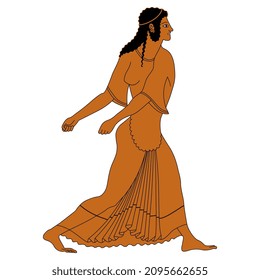 Ancient Greek woman in dynamic pose. Vase painting style. Isolated vector illustration.