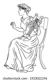 Ancient Greek woman goddess of art with a harp in her hand and a laurel wreath on her head.