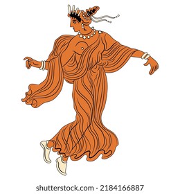 Ancient Greek woman or goddess dancing or flying. Vase painting style. Isolated vector illustration.