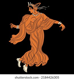 Ancient Greek woman or goddess dancing or flying. Vase painting style. On black background.