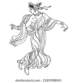 Ancient Greek Woman Or Goddess Dancing Or Flying. Vase Painting Style. Hand Drawn Linear Doodle Rough Sketch. Black Silhouette On White Background.