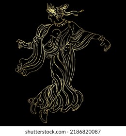 Ancient Greek woman or goddess dancing or flying. Vase painting style. Hand drawn linear doodle rough sketch. Golden silhouette on black background.