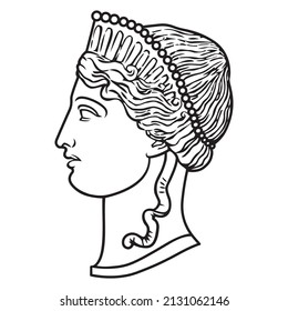 Ancient greek woman goddess face illustration. Vector isolated Antique bustl. Black and white line drawing 1