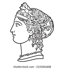 Ancient greek woman goddess face illustration. Vector isolated Antique bustl. Black and white line drawing 2