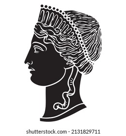 Ancient greek woman goddess face silhouette illustration. Vector isolated Antique bustl. Black and white line drawing 1