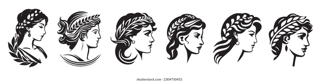 Ancient Greek woman head logo vector illustration of female face