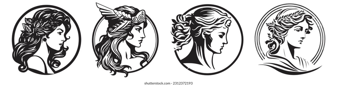 Ilustración vectorial de la cabeza de la anciana griega del logo de la cara femenina