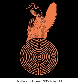Ancient Greek woman holding tambourine with snakes in her hair and a round spiral maze or labyrinth symbol. Ariadne. Creative mythological design. Vase painting style.