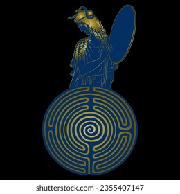 Ancient Greek woman holding tambourine with snakes in her hair and a round spiral maze or labyrinth symbol. Ariadne. Creative mythological design. Blue and gold silhouette on black background.