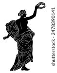 An ancient Greek woman holds a laurel wreath in her hand. Figure isolated on white background