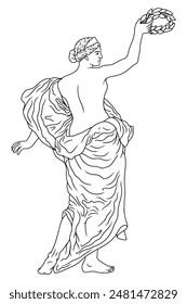 An ancient Greek woman holds a laurel wreath in her hand. Figure isolated on white background