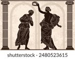 An ancient Greek woman holds a lava wreath over the head of another woman. Drawing in the style of ancient Greek painting