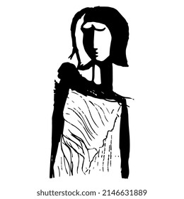 Ancient Greek Woman With Short Hair And Closed Eyes. Hand Drawn Linear Doodle Rough Sketch. Black Silhouette On White Background.