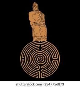 Ancient Greek woman shrouded in veil siting on a round spiral maze or labyrinth symbol. Creative concept. Mystery of a goddess. Black and orange silhouette.