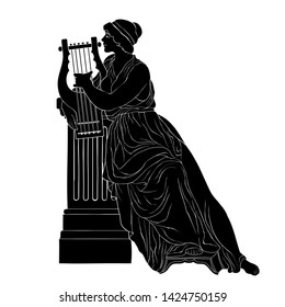 An ancient Greek woman sits with a harp and plays music.