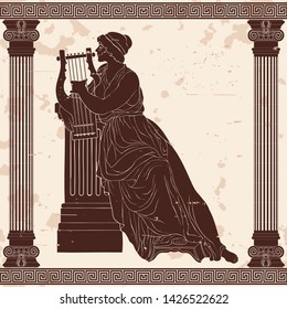 An ancient Greek woman sits with a harp and plays music.