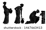 An ancient Greek woman sits near a stone parapet fills water in a jug. Two women are standing in line. Vector image isolated on white background.