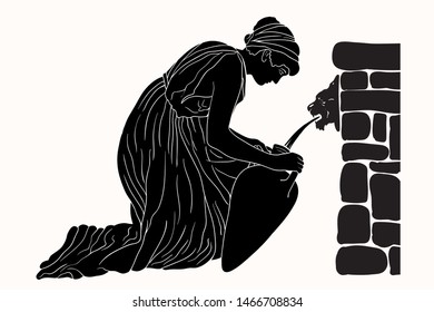 An ancient Greek woman sits near a stone parapet and fills water in a jug. Vector image isolated on white background.