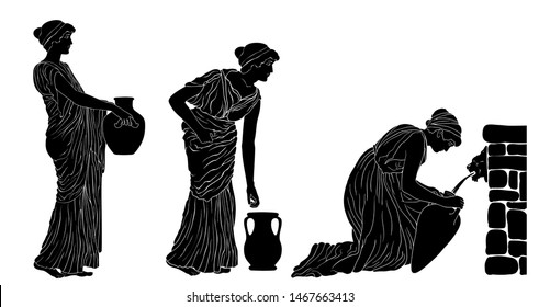 An ancient Greek woman sits near a stone parapet fills water in a jug. Two women are standing in line. Vector image isolated on white background.