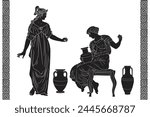 An ancient Greek woman sits on a chair and holds a jug of wine in her hands and talking with her friend. Two figures and a Greek meander ornament isolated on white background