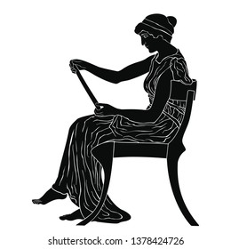 An ancient Greek woman sits on a chair and holds a papyrus in her hands with the text and reads. Vector image isolated on a white background.
