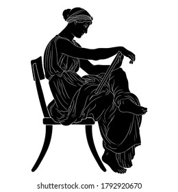 Ancient Greek Woman sits on a chair holding a manuscript in her hands and reads.