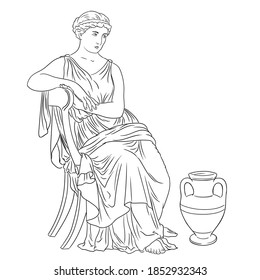 Ancient Greek Woman sits on a chair near a jug of wine. Figure isolated on white background.