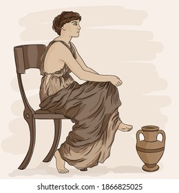 Ancient Greek Woman sits on a chair near a jug of wine.