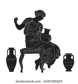 An ancient Greek woman sits on a chair and holds a jug of wine in her hands. Figure isolated on white background