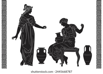 An ancient Greek woman sits on a chair and holds a jug of wine in her hands and talking with her friend. Two figures and a Greek meander ornament isolated on white background