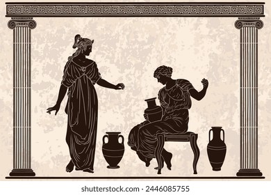 An ancient Greek woman sits on a chair and holds a jug of wine in her hands and talking with her friend in a temple with columns. Two figures and a Greek meander ornament.