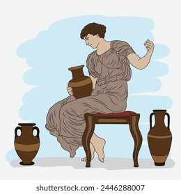 An ancient Greek woman sits on a chair and holds a jug of wine in her hands. Color illustration