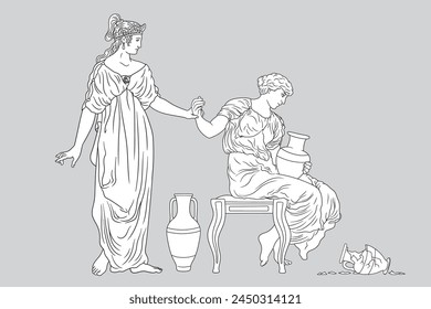 An ancient Greek woman sits on a chair and holds a jug of wine in her hands and talking with her friend. Two figures isolated on grey background