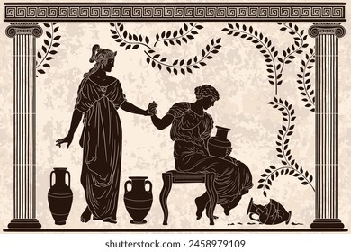 An ancient Greek woman sits on a chair and holds a jug of wine in her hands and talking with her friend. Two figures in the temple between the columns