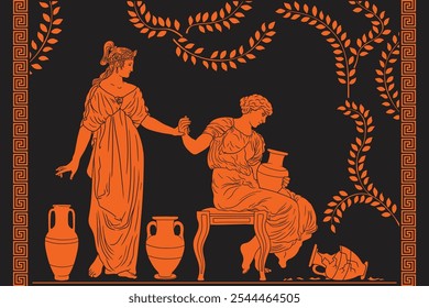 An ancient Greek woman sits on a chair and holds a jug of wine in her hands and talking with her friend. Two women with jugs of water and wine in a garden