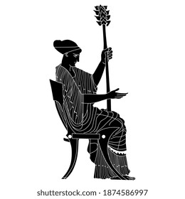 Ancient Greek woman sitting on chair and holding thyrsus. Black and white silhouette.