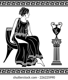 Ancient Greek woman sitting on a chair, black stencil