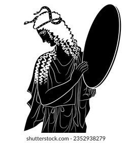Ancient Greek woman with snakes in her hair holding tambourine or mirror . Vase painting style. Black and white negative silhouette.