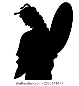 Ancient Greek woman with snakes in her hair holding tambourine or mirror. Black silhouette on white background.