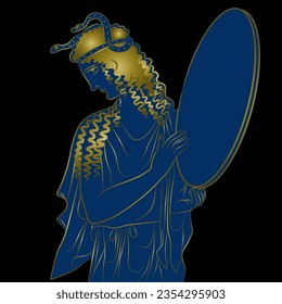 Ancient Greek woman with snakes in her hair holding tambourine or mirror. Gold and blue silhouette on black background.
