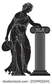 Ancient Greek woman standing near a column of a pedestal, holding a jug of wine and water in her hand. Figure isolated on white background