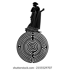 Ancient Greek woman standing on top of a round spiral maze or labyrinth symbol. Ariadne. Creative mythological concept. Black and white silhouette.