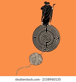 Ancient Greek woman standing on top of a round spiral maze or labyrinth symbol and a yarn ball. Ariadne. thread. Creative mythological concept.