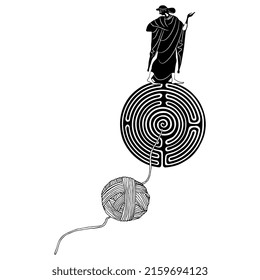 Ancient Greek woman standing on top of a round spiral maze or labyrinth symbol and a yarn ball. Ariadne thread. Black and white negative silhouette. Creative mythological concept. 